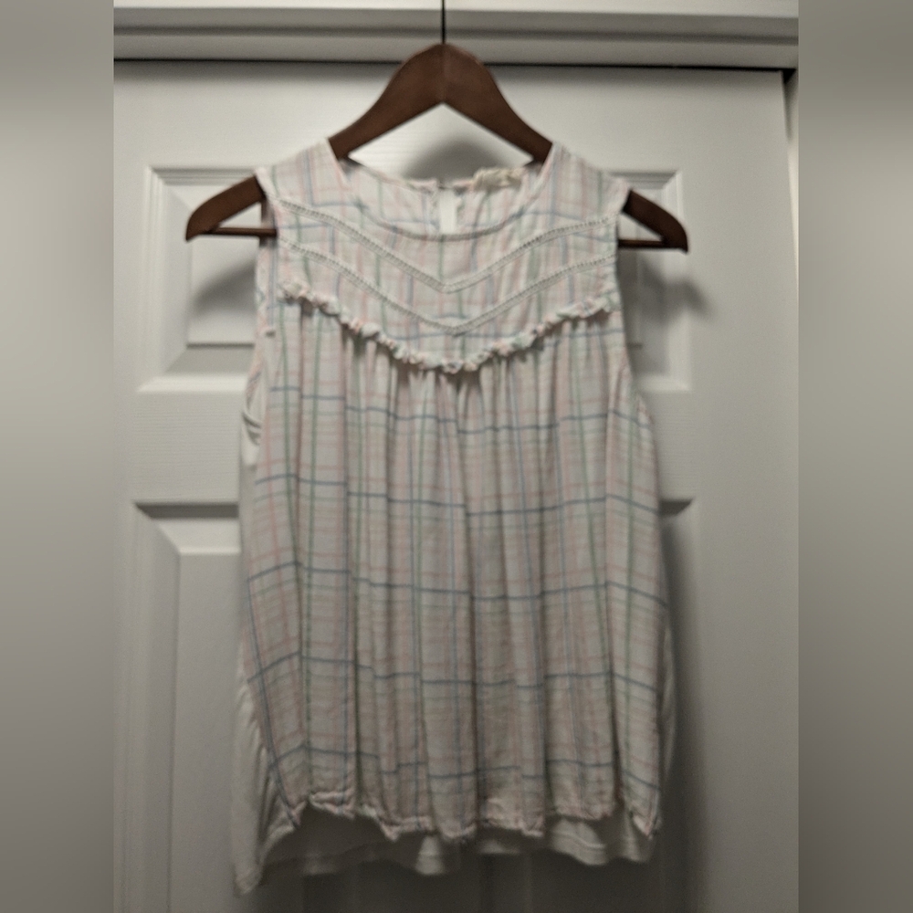 Sleeveless pastel plaid blouse size small